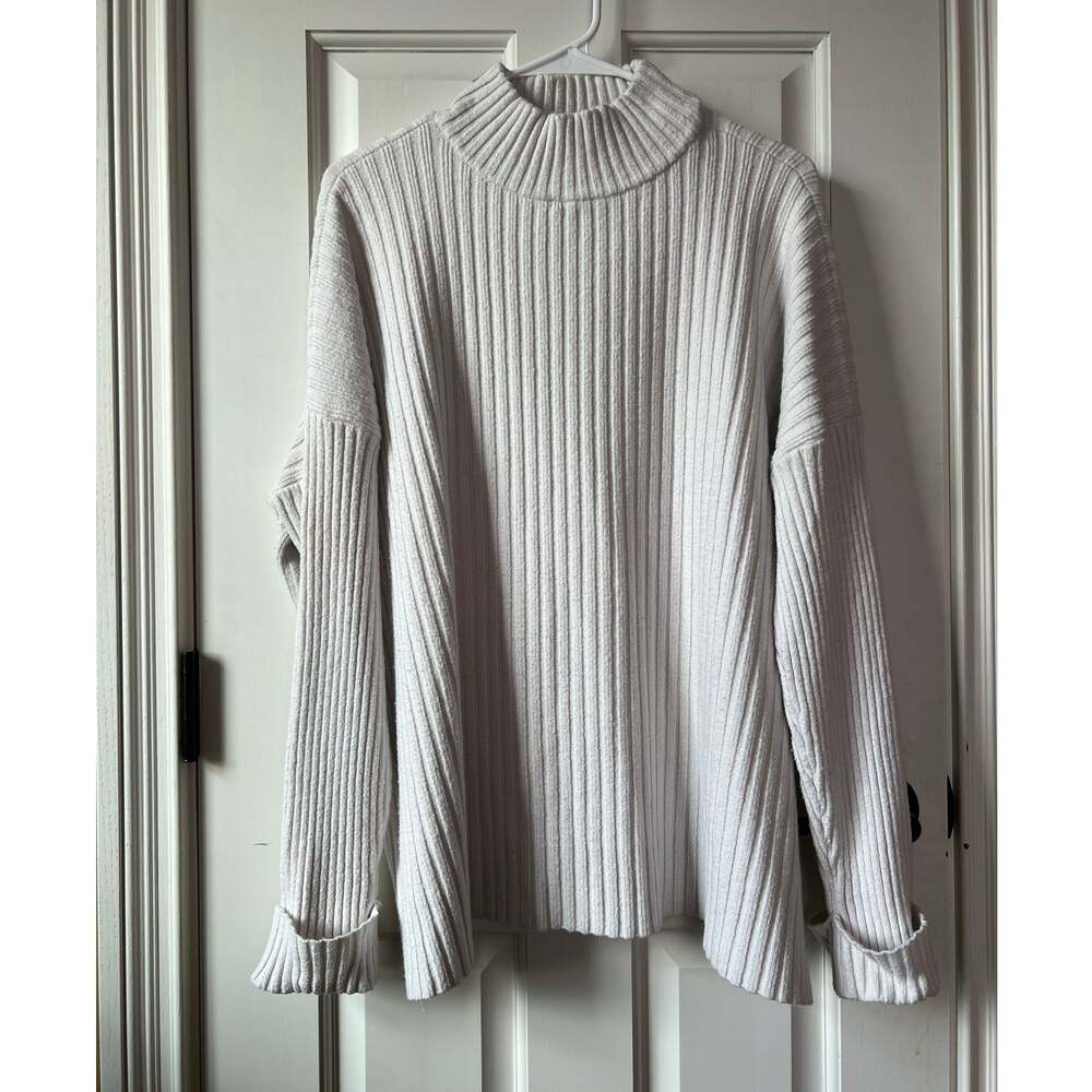 LOFT Cream Ribbed Mock Neck Knit Chunky Sweater Wide Cuff Cotton Blend Womens XL